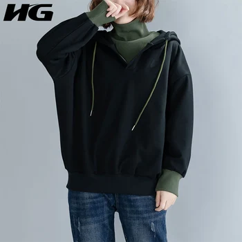 

X HG Korean Style Fake Two Pieces Turtleneck Hoodies Women Plus Velvet Sweatshirt Loose Plus Size Top Women Autumn Winter XJ2565