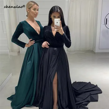 

Green Velvet Long Sleeves Sexy Evening Dresses-Real Photo Deep V-Simple A-Line Long Evening