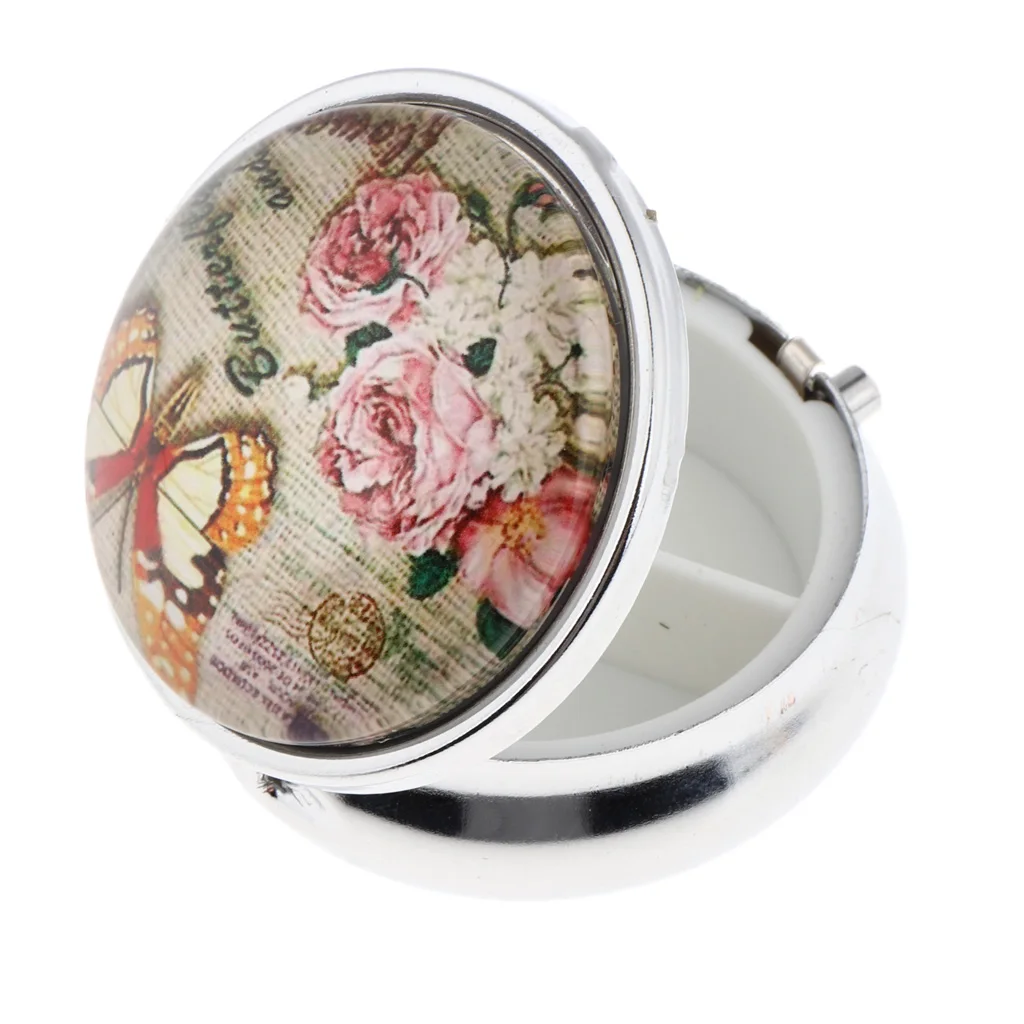 Round Floral Pill Storage Case Travel Portable Box for Makeup Eyeshadow Blusher Nail Art Glitters with 3 Compartments