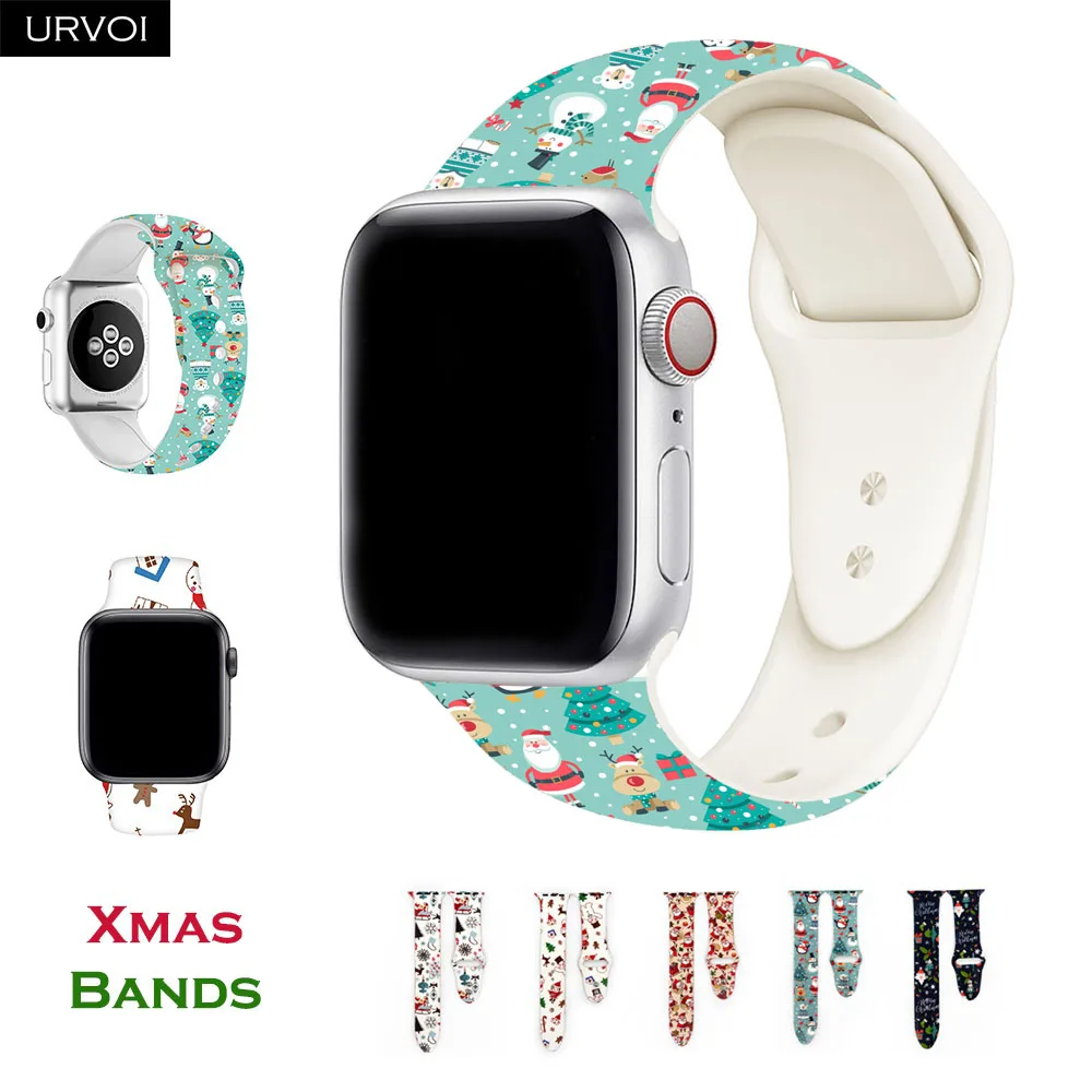 Спортивный ремешок с URVOI принтом для Apple Watch, серия 5, 4, 3, 2, 1, силиконовый ремешок с рождественским Сантой и снеговиком для iWatch, Рождественский подарок на запястье