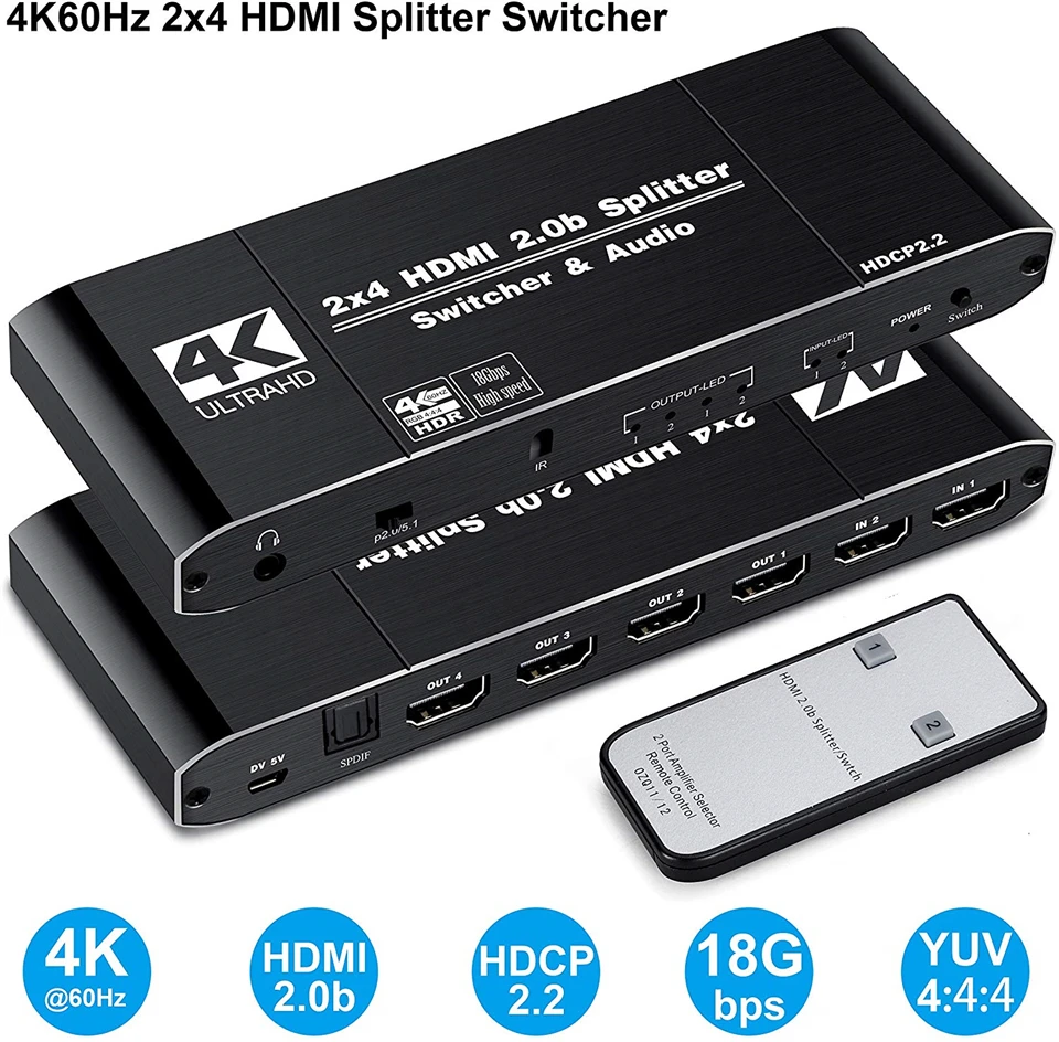 Лучший 4K HDMI 2,0 переключатель дистанционного 2x4 HDR HDMI переключатель аудио экстрактор с ИК 2x2 YUV 4:4:4 Переключатель HDMI 2,0 для PS4 Apple tv