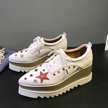 

Women's genuine leather wedge platform oxfords crystal pointed toe female punk fashion casual shoes soft espadrilles shoes women