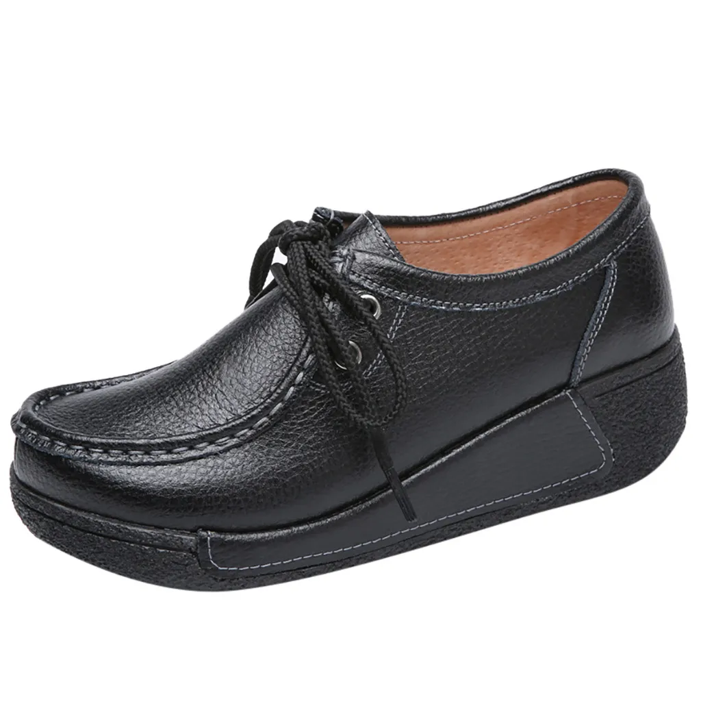 Черный platform shoes woman Lace Up solid color Platform flat With round Toe Casual Shoes women flat shoes handmade#G2 - Цвет: Черный