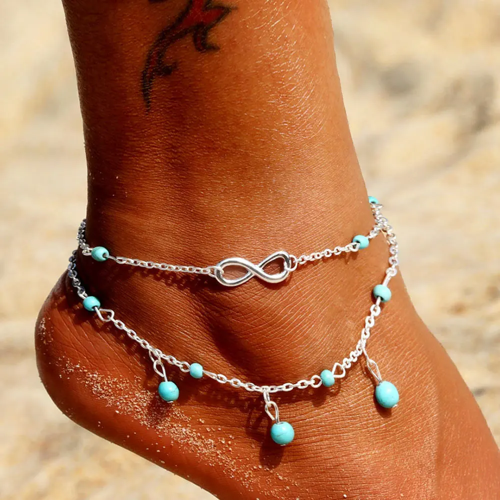 

Bohemian Double Infinite Stone Beads Pendant Anklet Leg Chain For Women Summer Beach Anklets Charm Bracelet Foot Jewelry Gift