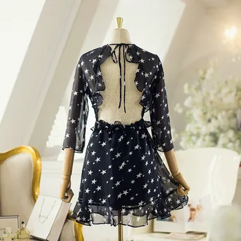 

Backless Chiffon Summer Star Print Women Dress Ruffles Lace Up Holiday Beach Short Mini Dress Sweet Elegant Sexy Black Vestidos