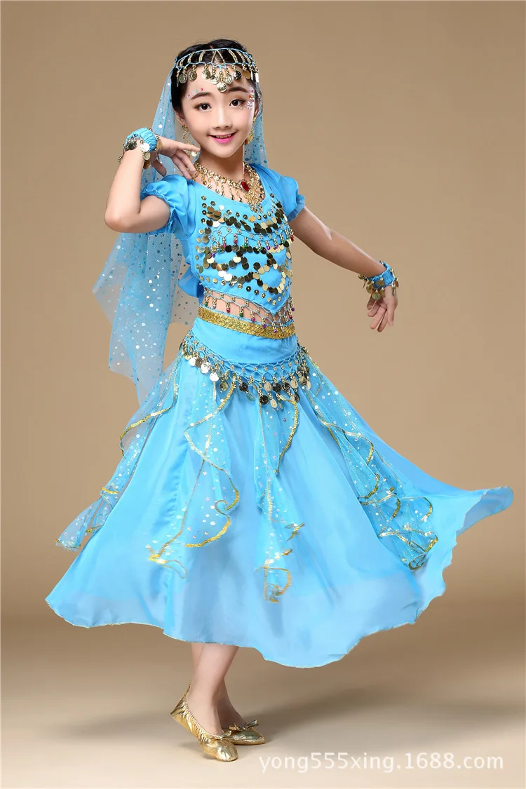 5 Colors Children's Day Belly Dance Stage Performance Baby Girl Kid Suit Oriental Indian Sequin Belly Costume Top Skirt Costume