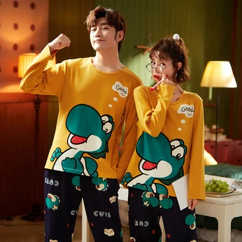 

CAIYIER Cotton Cartoon Winter Couple Pajamas Set O-Neck Casual Nightwear Long Sleeve Top + Long Pants Sleepwear Lovers Homewear