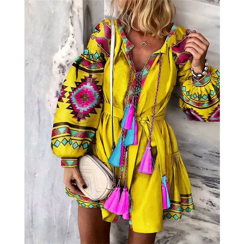 New 2020 Spring Autumn Women Casual Dress Elastic Waist V-Neck Printed Floral Print Dress Female Party Dress Vestidos