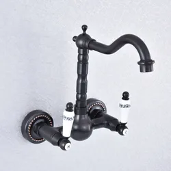 Kitchen Wet Bar Bathroom Vessel Sink Faucet Black Oil Rubbed Brass Wall Mounted Swivel Spout Mixer Tap Dual Ceramic Lever msf713