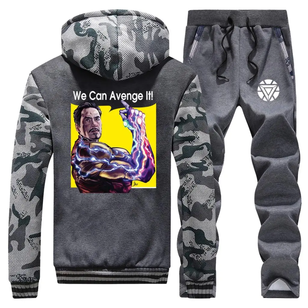 

We Can Avenge It! Mens Hoodies Tony Stark Iron Man Hoodie Letter Print Thick Sweatshirt Men Winter Zip Jacket+Pants 2 Piece Sets