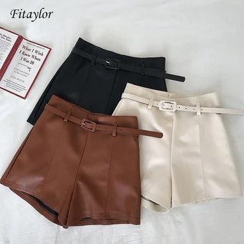 

Fitaylor 2020 New Womens Pu Shorts Black Beige Faux Leather Female Shorts High Waist Loose Belt Office Lady Shorts