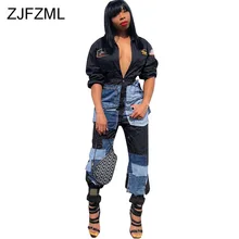 

Printed Denim Patchwork Streetwear Bodysuit Women's Long Sleeve Zipper Front Slim Overall Plus Size Pockets Ladies Playsuits