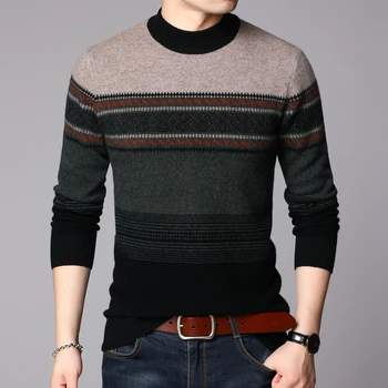 

100% Wool Men Knit Tops Sweater Pullover Basic O Neck for Autumn Winter Striped Fashion Casual BO21561231