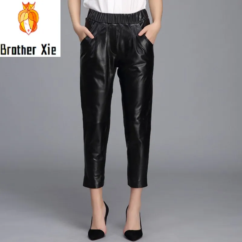 

High Quality 2020 New Straight Female Trousers Genuine Leather Casual Streetwear Pencil Pants Woman Mid Waist Ankle Length Pant