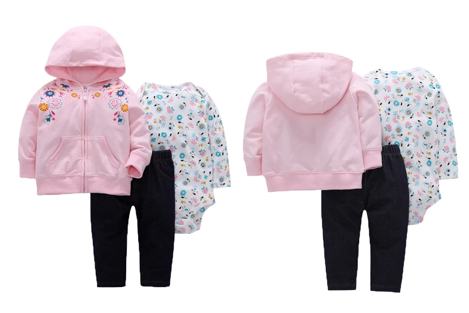 Комплект осенней одежды из 3 предметов для новорожденных и маленьких девочек, зимняя куртка с капюшоном, боди, штаны, модная одежда для маленьких мальчиков, комплект одежды для детей 0-24 месяцев