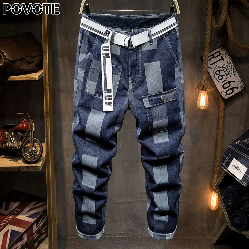 

POVOTE 2020 new jeans with holes men's slim elastic retro Leggings popular European and American white stripe jeans