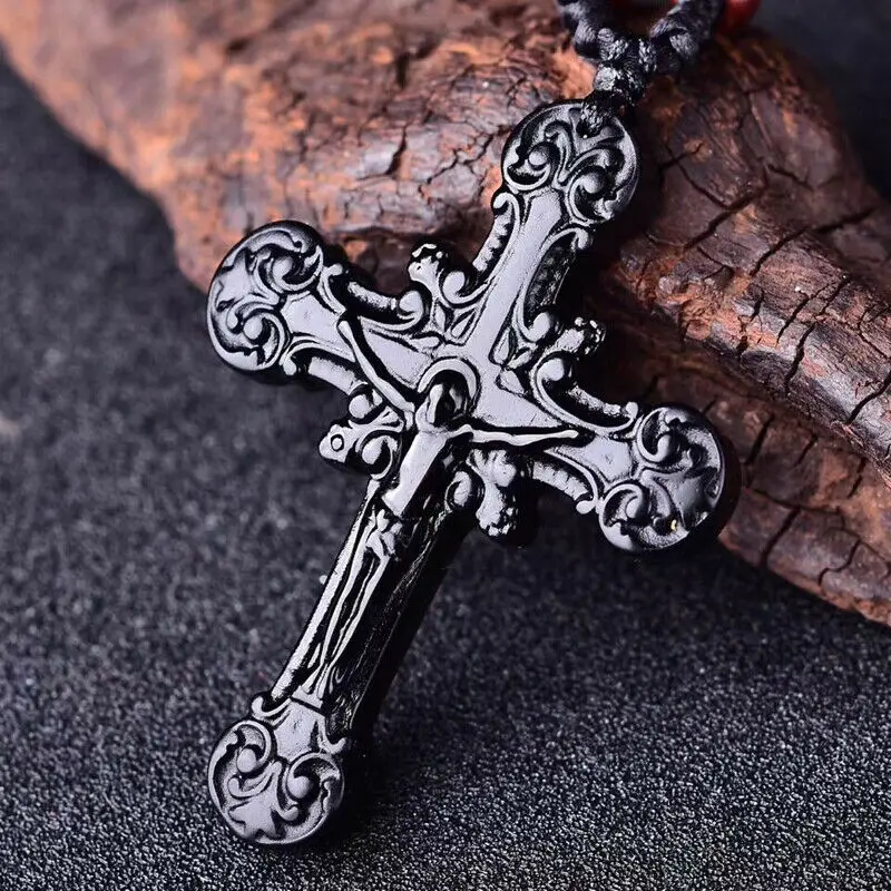 Натуральный черный обсидиан крест ожерелье из бисера Шарм ювелирные изделия Модные аксессуары ручной резной Иисуса амулет Подарки для женщин