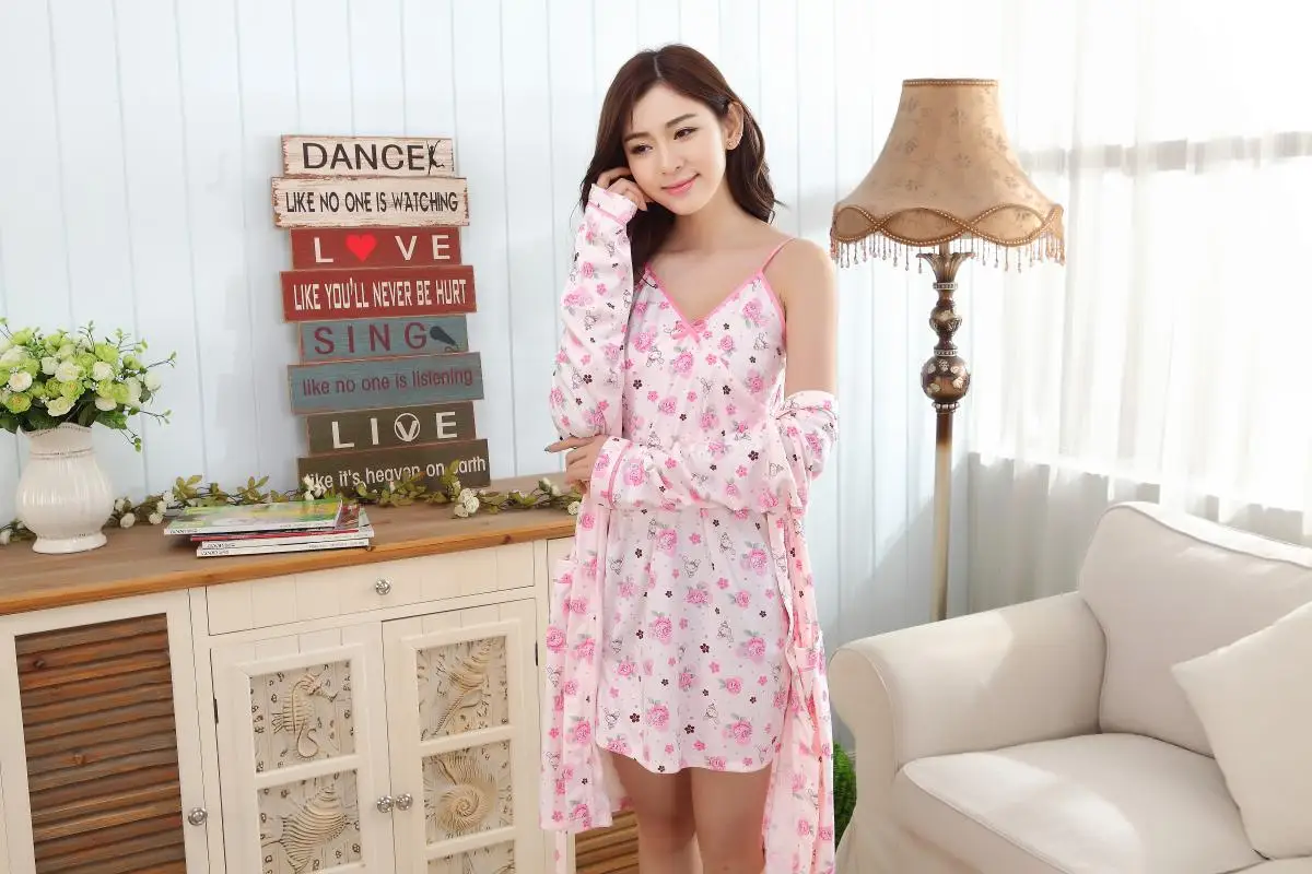 Night Robe Sleepwear Dress Two-Piece SetAutumn And Summer Cartoon Long-Sleeve Pajamas Strap Nightdress Tracksuit Nightgown