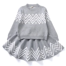 Теплое платье для девочек г. Зимнее платье с геометрическим узором одежда с длинными рукавами для девочек топ, пальто+ платье-пачка, свитер вязаная одежда, 2 шт