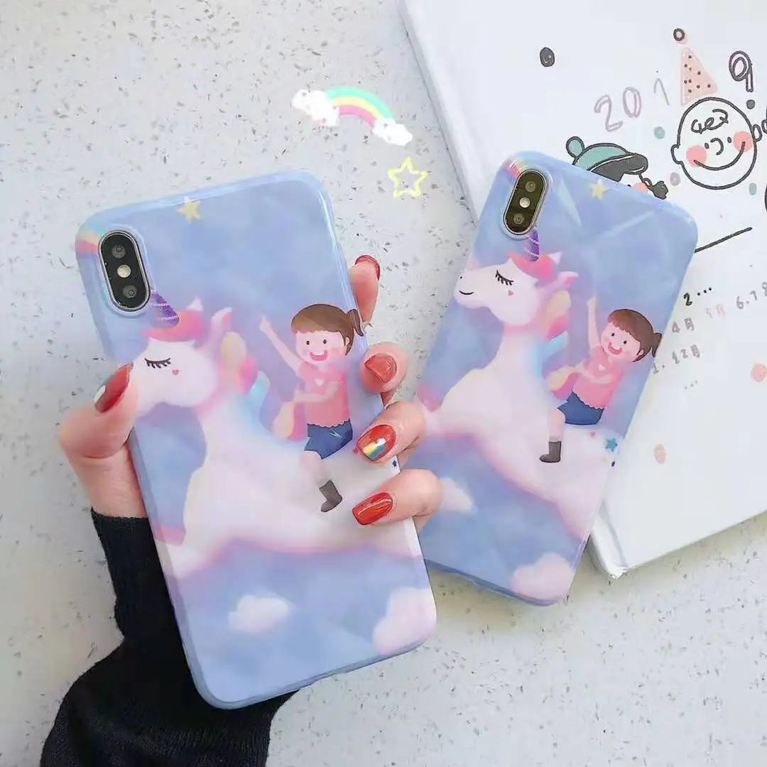 

Cute Cartoon Unicorn Girl Plaid smooth Phone Case For iPhone 7 8 Plus XS Max XR X Soft Silicone Lovely Fashion Back Cover