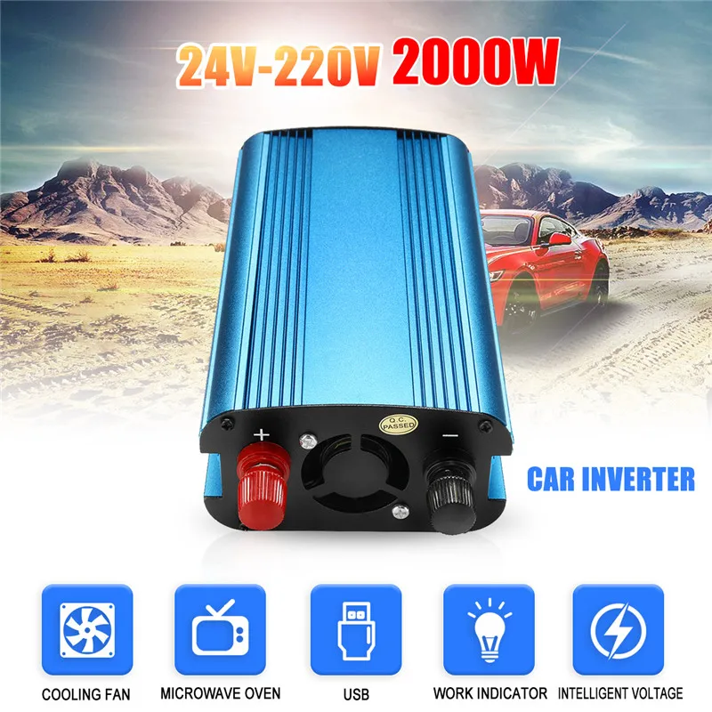

LED 12/24V DC To 220V 1000W/2000W Solar Power Inverter AC Modified Sine Wave Converter Built-in Cooling Fan Manual Switch