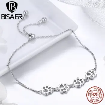 

BISAER 925 Sterling Silver Dog Footprints Chain Link Women Bracelets for Women Cat Footprints Silver Bracelet Jewelry ECB096