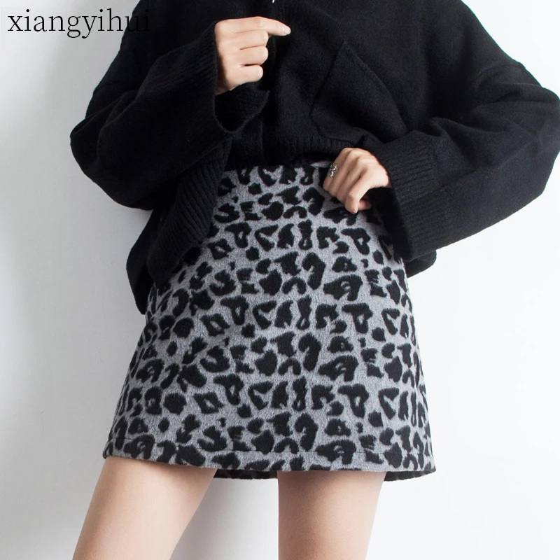 Шикарная Сексуальная леопардовая юбка, женская модная шерстяная трапециевидная юбка, новинка, осенняя мода, высокая талия, серые шерстяные юбки леопарда для зимы