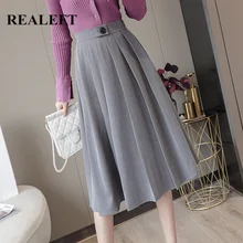 REALEFT, Осенние повседневные плиссированные юбки средней длины с эластичным поясом и пуговицами, юбки длиной до колена, серые юбки в Корейском стиле для женщин, новинка
