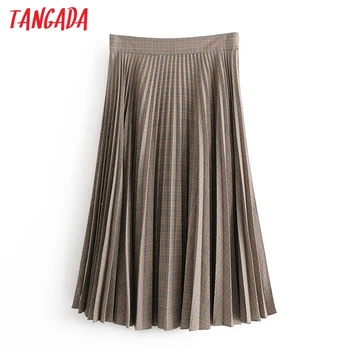 

Tangada women plaid pleated midi skirt faldas mujer vintage side zipper office ladies elegant chic mid calf skirts QN57
