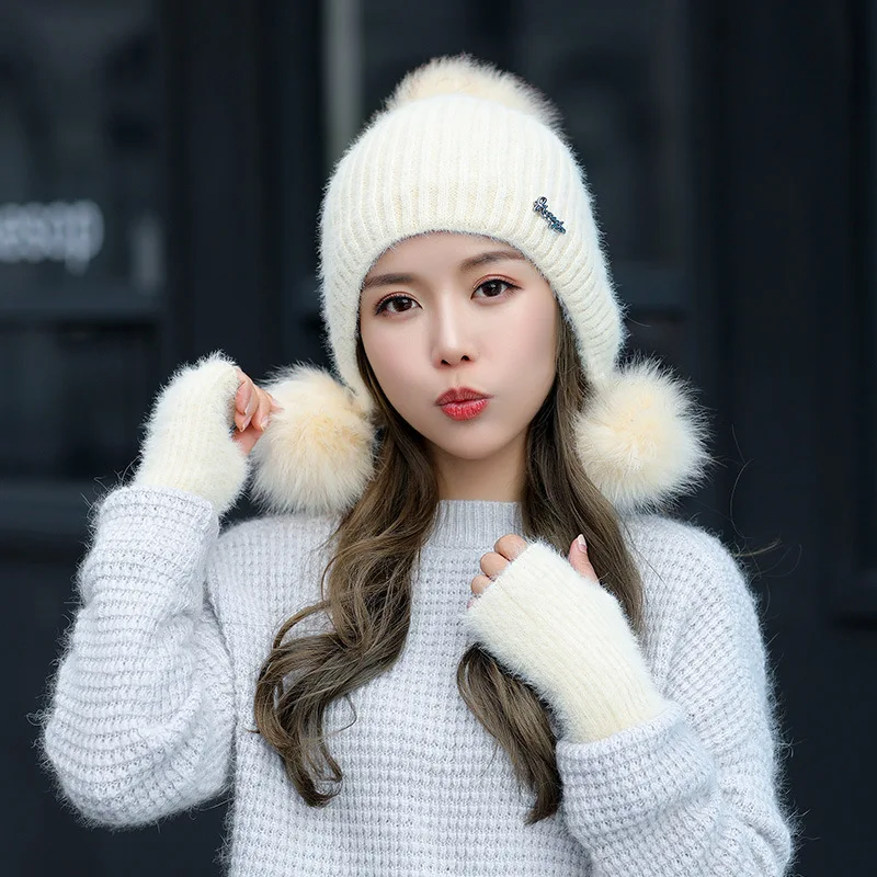 Норковая шерстяная вязаная шапка, уличная защита ушей, женская зимняя шапка, набор перчаток - Цвет: Бежевый