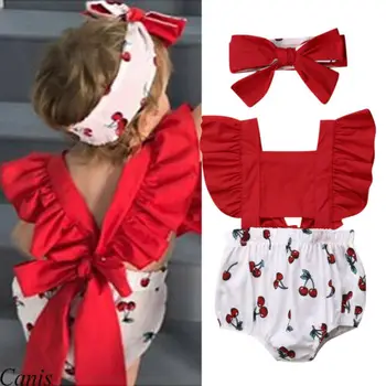 

Baby Girls Bodysuit Newborn Summer Kids Clothes Infant Cherry Print Jumpsuit+Headband Toddler Girls Bodysuit Outfit 0-18M