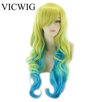 

VICWIG Cosplay wigs For women 70 cm / 27.5 inch Long Blue Gradient Green Wavy Synthetic Wig With Bangs