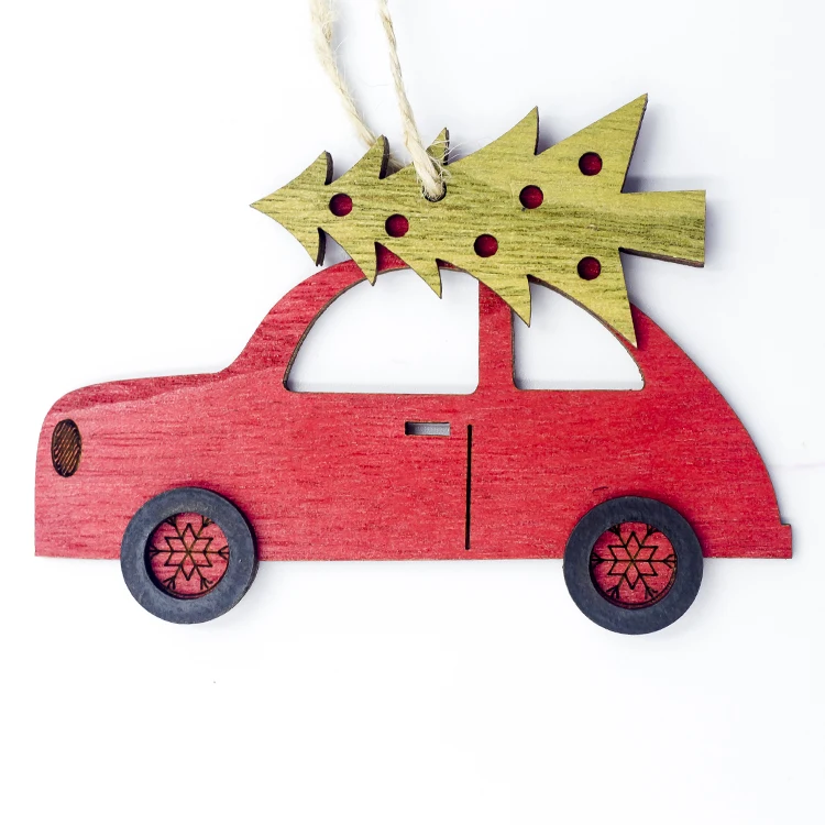 Christmas Tree Hanging Pendant Elk Santa Clause Wooden Craft Christmas Tree Decoration Christmas Party Decor for Home New Year - Цвет: red car