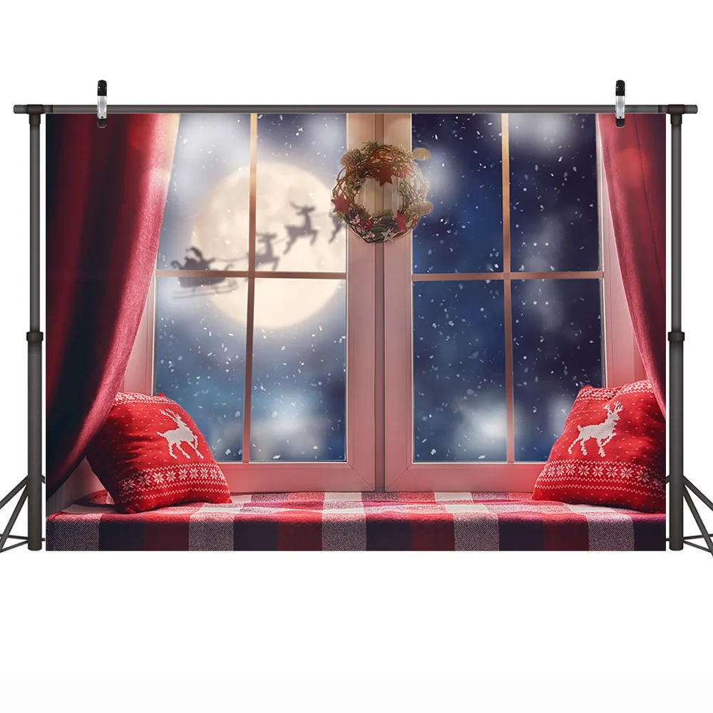 Christmas Window Backdrop Winter Snow Wonderland Birthday Portrait Background Curtain Wreath Christmas Tree Photography Props