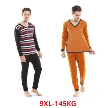 

Plus Size Winter Men Thick Fleece Warm Cotton Thermal Leggings Bottoms Striped Suit 8XL 9XL 56 58 Tops And Pants Underwear Johns