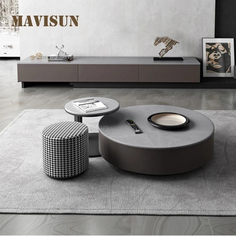 Italian Style Rock Slab Round Coffee Table Extendable TV Cabinet Combination Small Side With Wooden Drawers Family Used | Мебель