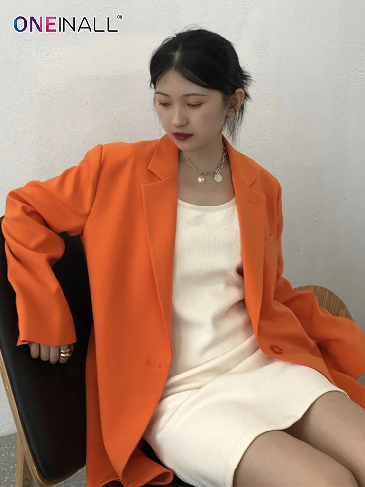 

ONEINALL Orange Casual Plain Blazers For Women Lapel Collar Long Sleeve Loose Solid Color Female 's Coats New 2021 Autumn