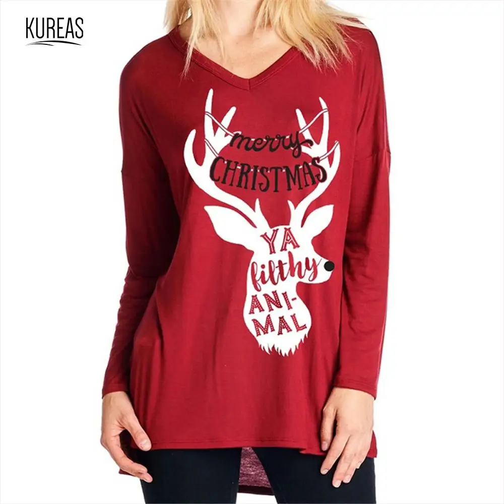 

Kureas Women Knitted T Shirt V Neck Long Sleeve Tops Autumn Winter Casual Christmas Deer Letter Printed