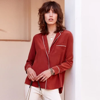 

Brick Red Slik Shirt Women Summer Casual Notched Long Sleeve Pocket Pyjama Style Shirt Office Lady Autumn 2020 Women Blouses