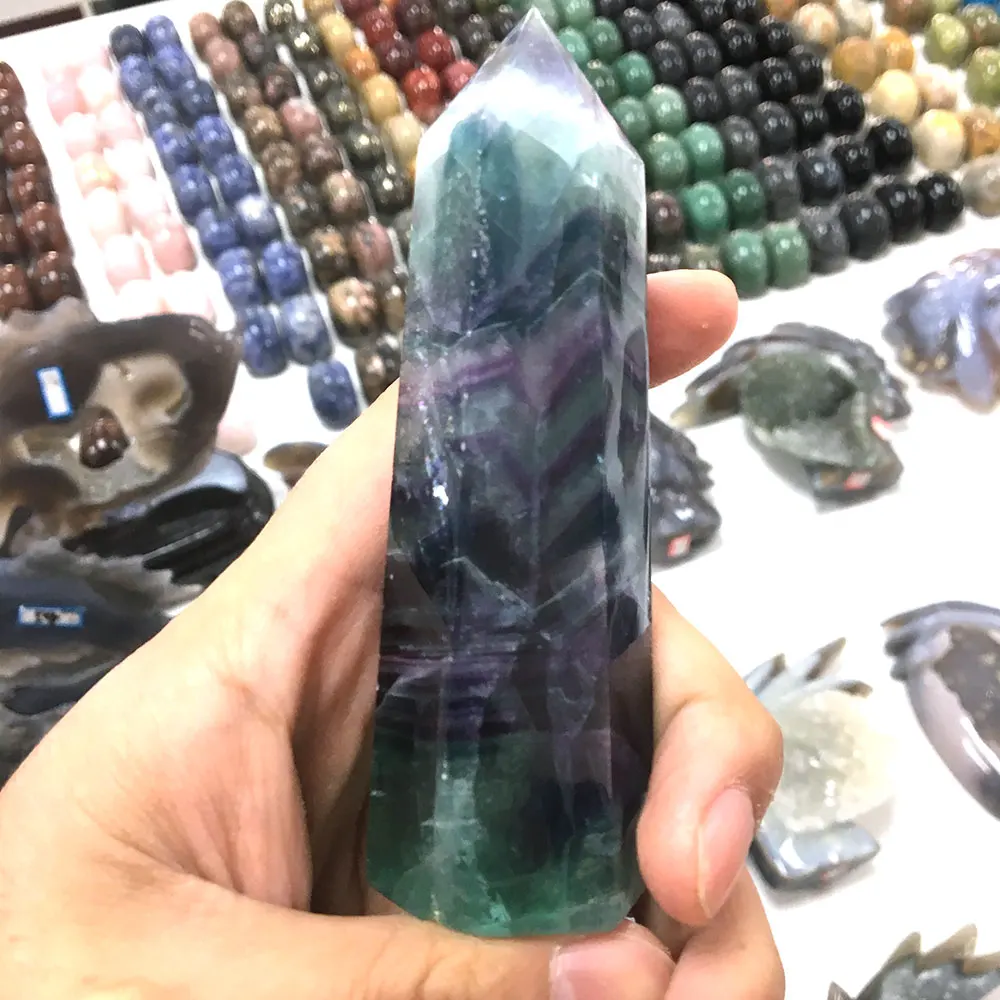 Natural Fluorite Crystal Colorful Striped Fluorite 4-6.5CM Quartz Crystal Stone Point Healing Hexagonal Wand Treatment Stone LP