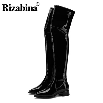 

RIZABINA Cow Patent Leather Over The Knee Boots For Women Zipper Pointed Toe Long Boots Winter Warm Women Footwear Size 35-43