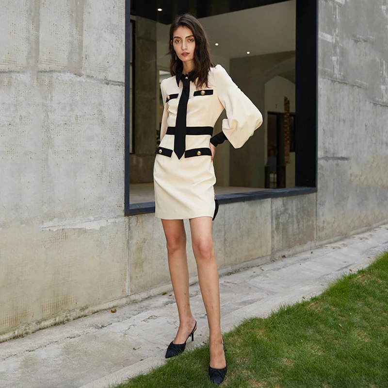[EAM] Women Apricot Button Split Temperament Dress