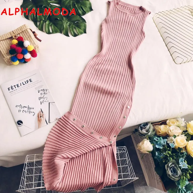 

ALPHALMODA Autumn Sleeveless Dress 2019 New Slim Vintage Side Button Open Fork Bottom Slim Knitting Dress for Women