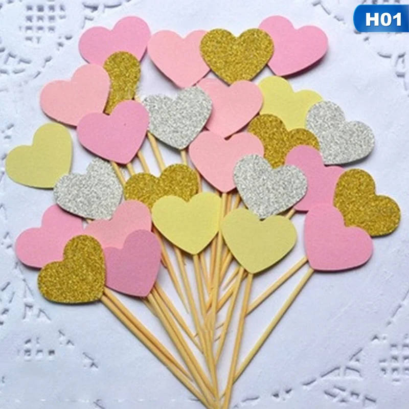 

10pcs/set Colored Bling Heart Shape Insert Cards with Toothpick for Wedding Birthday Party Cute Lovely Gifts Cake Decorations