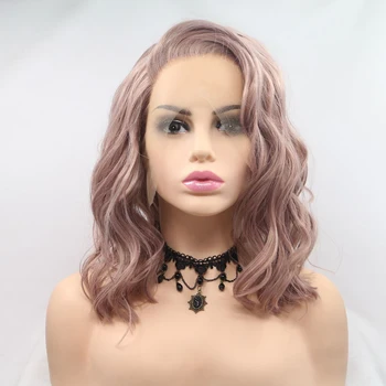 

Soft Hair Short Bob Wavy Hand Tied Full Density Wigs Heat Resistant Fiber Hair Synthetic Lace Front wigs for Women Make up