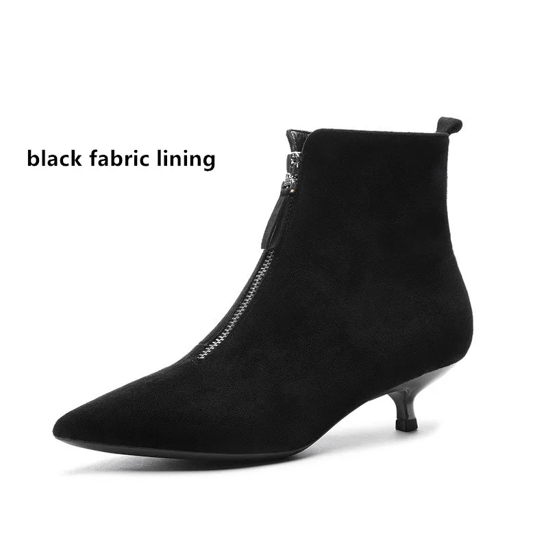 Женские ботинки г. Зимние теплые женские ботинки ботильоны из флока с острым носком на высоком каблуке на шнуровке однотонная черная обувь на резиновой подошве - Цвет: black fabric