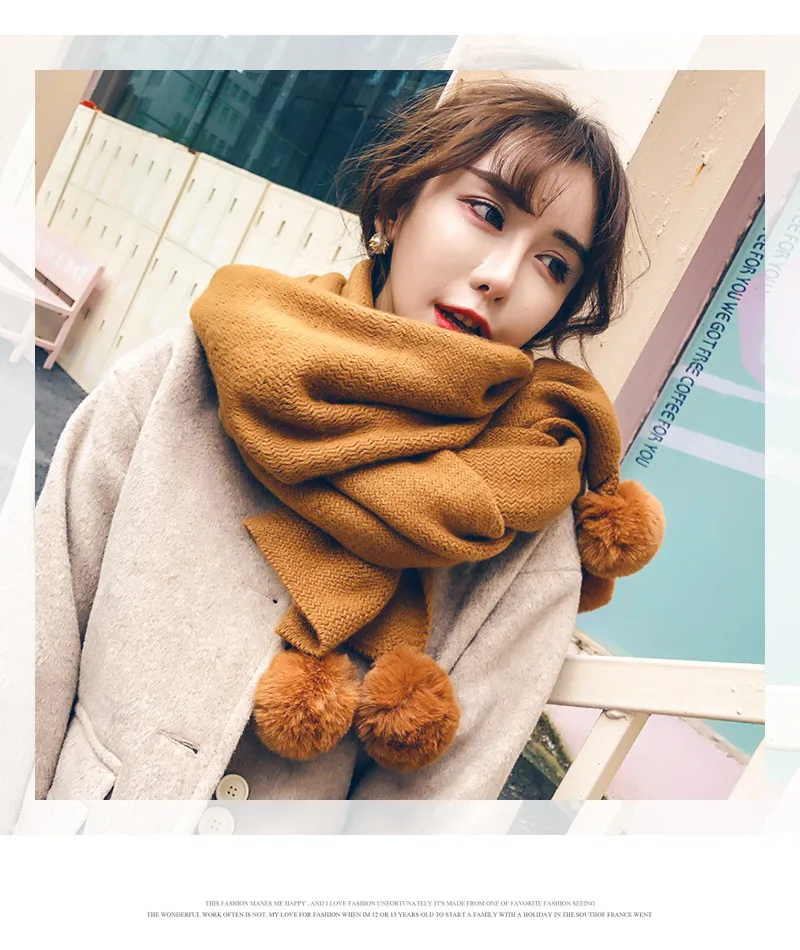 Корейский Помпон Мяч зимний шарф для женщин Мягкий теплый вязание Твердые шарфы серый платок Femme