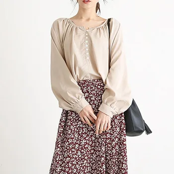 

Round Neck Long Sleeve Blouse Women Korean Spring Autumn Elegant Office Ladies Plain Causal Female Tops 4 Colors Solid Shirts