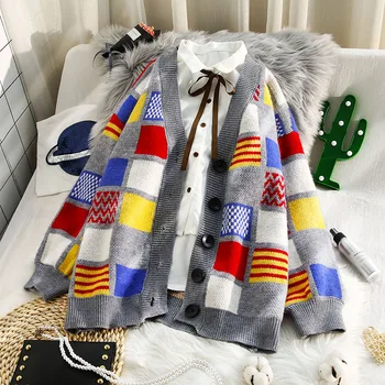 

fashion design plaid knitted winter cardigan for women v-neck thicken warm lantern sleeved loose pocket female outwear coat tops