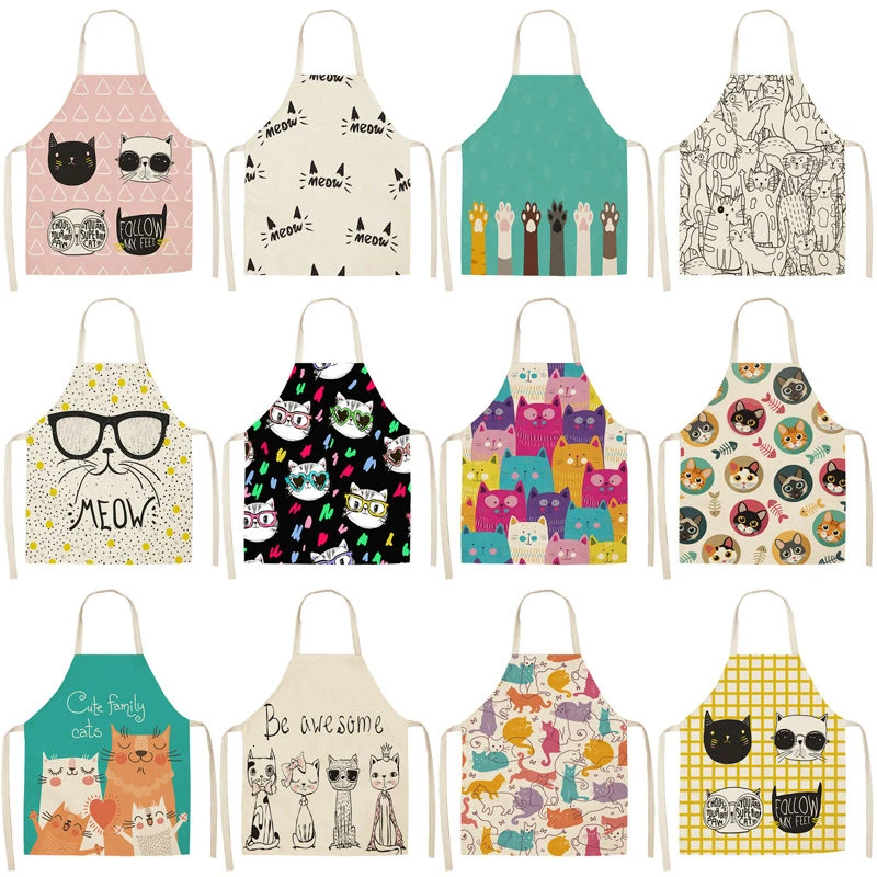 Lovely Cartoon Cats Kitchen Aprons for Women Cotton Linen Bibs Household Cleaning Pinafore Home Cooking Apron 53*65cm WQ0026